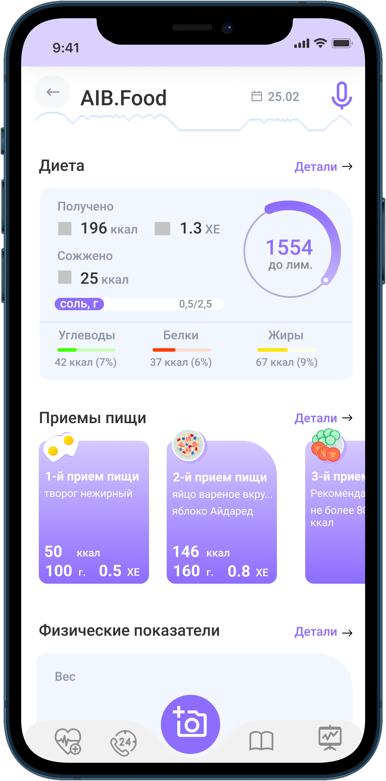 Экран AIB.Food: калории, хлебные единицы и приёмы пищи за день